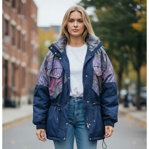 Vtg 80s 90s EVF Professional Ski Jacket Colorblock Purple Teal Navy Retro Size 8